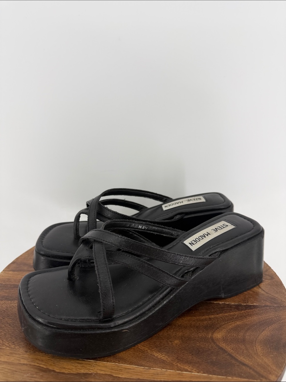 Steve Madden May Black Platform Wedge Sandals Y2K 2000s Style Size 6